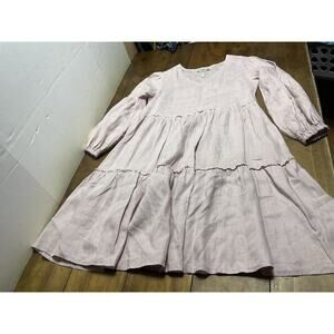CROWN LINEN DESIGNS Size XS Lagenlook Tied Dress 100% Linen Mauve Pink